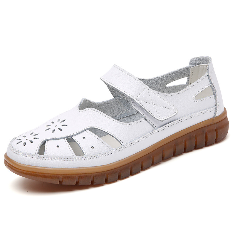 63 Women's Shoes Sandals Hole Shoes Summer Cowhide Face Velcro Wrap Foil plus size Flat Nurses' Shoes Single-layer Shoes