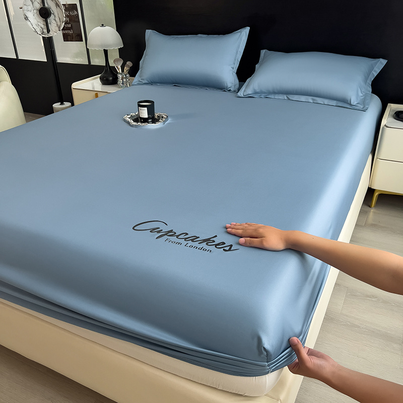 Picture of Summer New Ice Silk Fitted Sheet Three-Piece Set with Letter Embroidery Mattress Protector Single Dormitory Bed Sheet Bed Cover