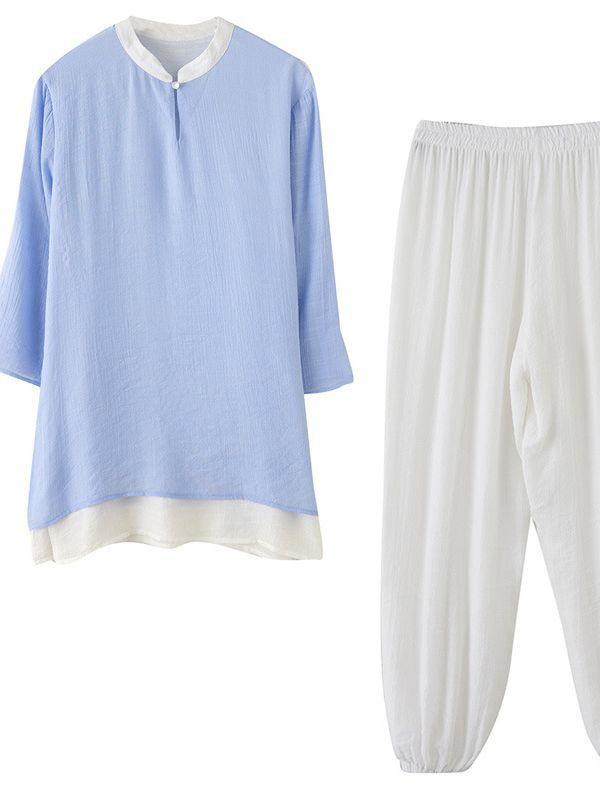 Picture of 2023 Summer New Cotton and Linen Zen Tea Suit Nine-point Sleeve Top Stretch Waist Trousers Yoga Suit Two-piece Suit for Women