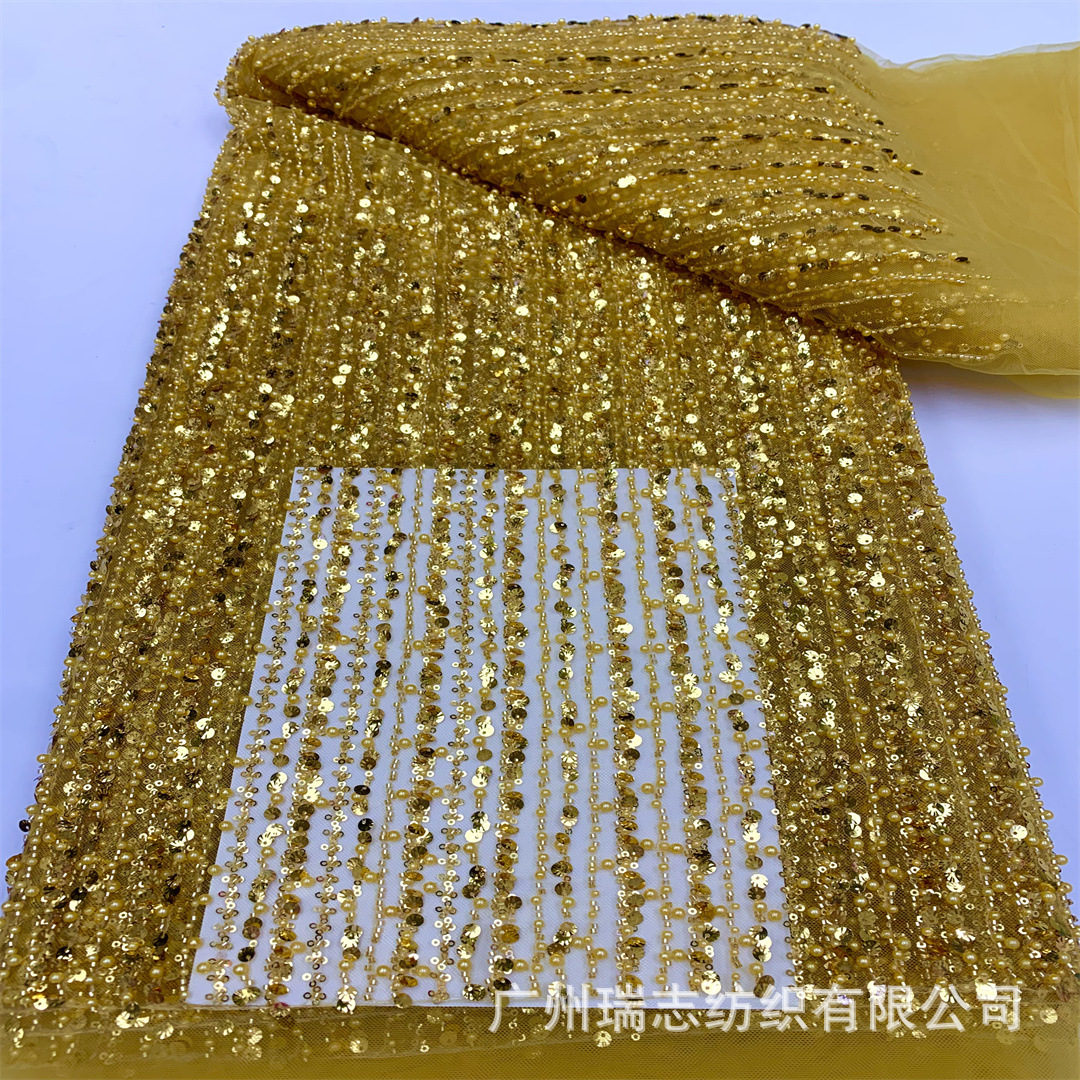 Top and bottom dense vertical striped lace fabric shiny bead tube sequin wedding dress embroidered fabric Beaded Lace