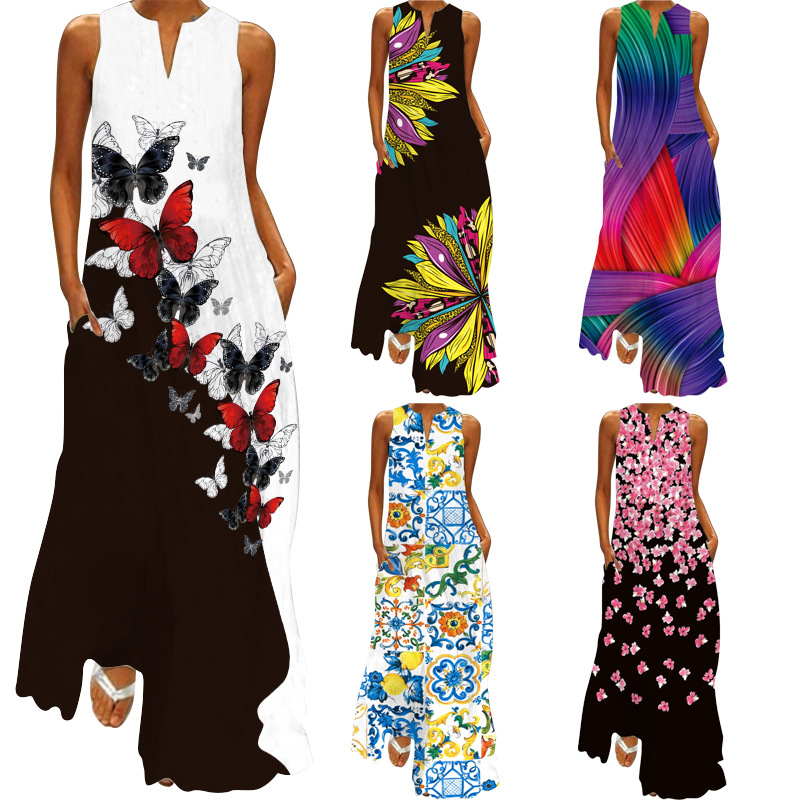 2024 Summer Independent Station New European and American Retro Printed Dress V-Neck Multicolor Long Sexy Sleeveless dress