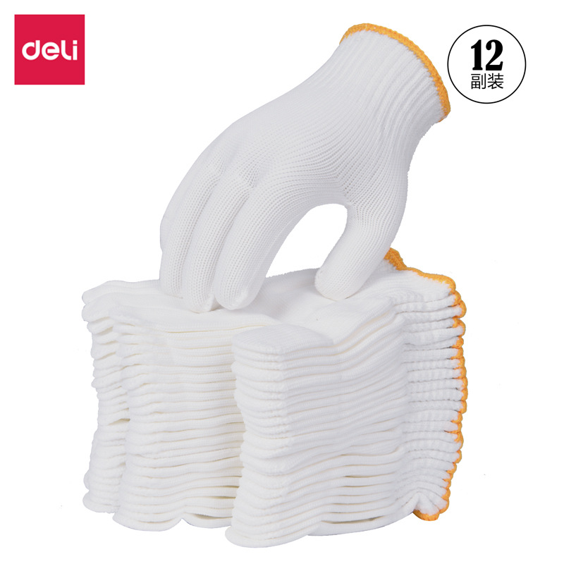 Deli deli LQ621-yarn gloves White free size 12 pairs protective gloves yarn working gloves wholesale