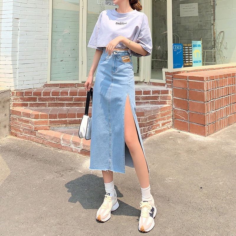American-style A- line Denim Skirt Women's Summer Irregular Slimming Mid-length Split Short Hip Skirt Ins Trendy