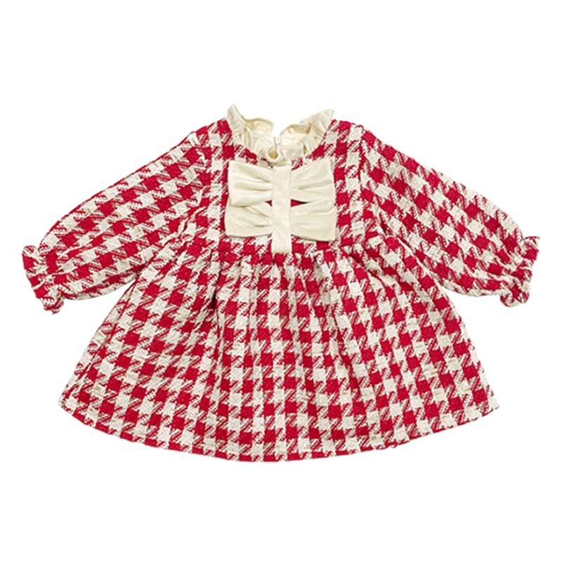 Girls Dress 2025 Winter New Korean Style Retro Baby Girl Velvet Thickened Plaid Princess Dress
