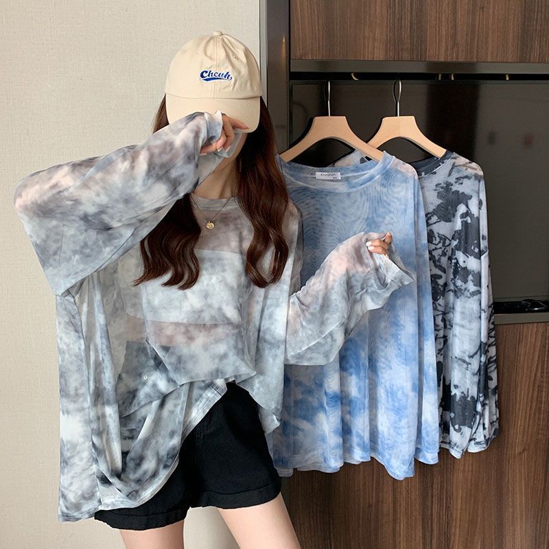 Summer 2024 New Arrival Mesh Korean Style Sunscreen Shirt Hot Girl Top Design Sense Loose Tie-Dye Long-Sleeved T-Shirt Women's Trendy