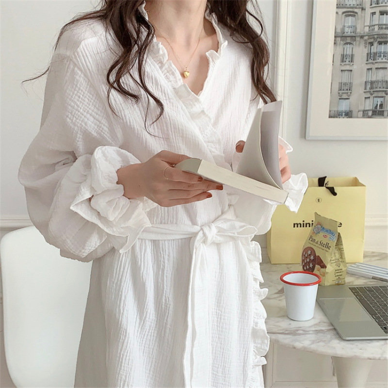 Real Shot of 2025 Autumn New Women's Cotton Gauze Bathrobe Cardigan with Tie, Long-Sleeved Loungewear with Hair Tie, Wholesale for Women