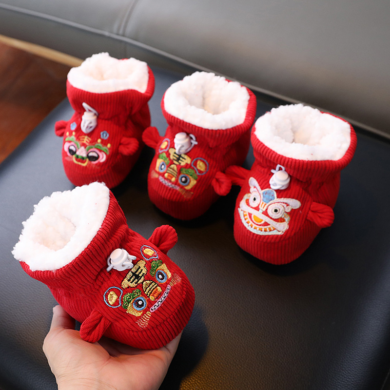 Big Red New Year Baby Cotton Shoes Autumn and Winter fleece-lined Thickened Warm Shoe Cover Can't Fall Out Toddler Tiger Head Shoes One-Year-Old Baby