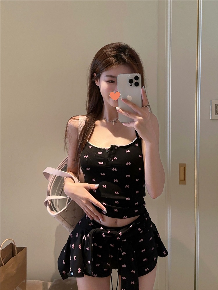 American Hot Girl Bow Suspender Top Women's Summer Slim Sexy Skin-Friendly Home Wear Shorts Cardigan Three-Piece Suit