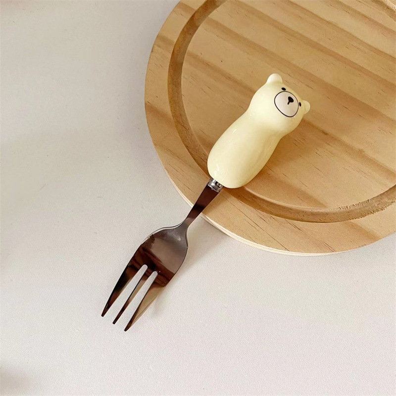 Picture of Ceramic Handle Cute Cartoon Skin Spoon Chopsticks suit Portable Tableware Cartoon Spoon Fork for Students