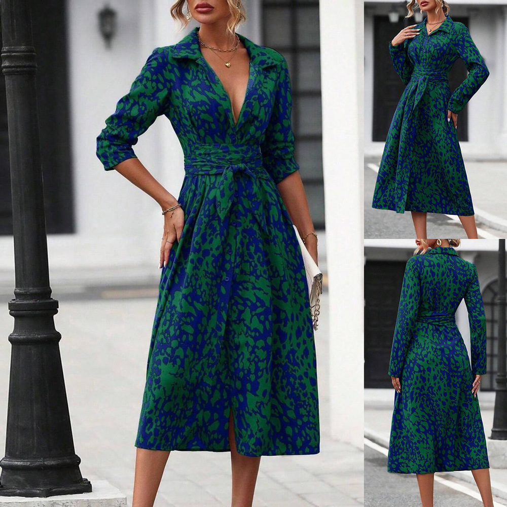 Spot 2025 New Spring Export European and American Printed Lapel Single-Breasted Lace-Up Shirt Long-Sleeved Dress Long