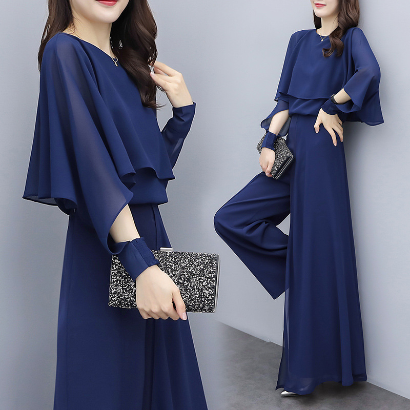 Chiffon High Waist Dape Wide Leg Pants suit Women's 2025 Spring New Trendy Casual Fashion Two-piece Set