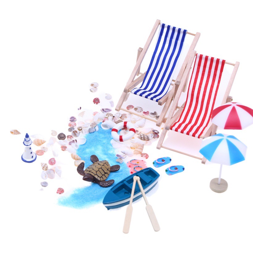 Dollhouse Doll House Mini Beach Set Micro Landscape Summer Shell Sun Umbrella Wooden Beach Chair