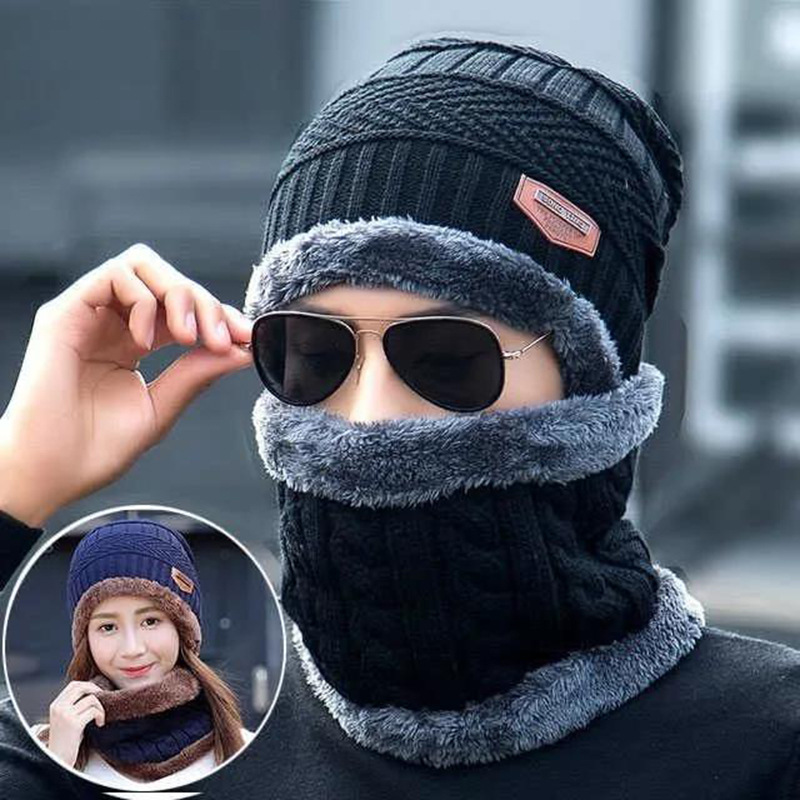 Cross-border men's pullover cap winter velvet padded warm wool cap casual all-match scarf two-piece knitted cap