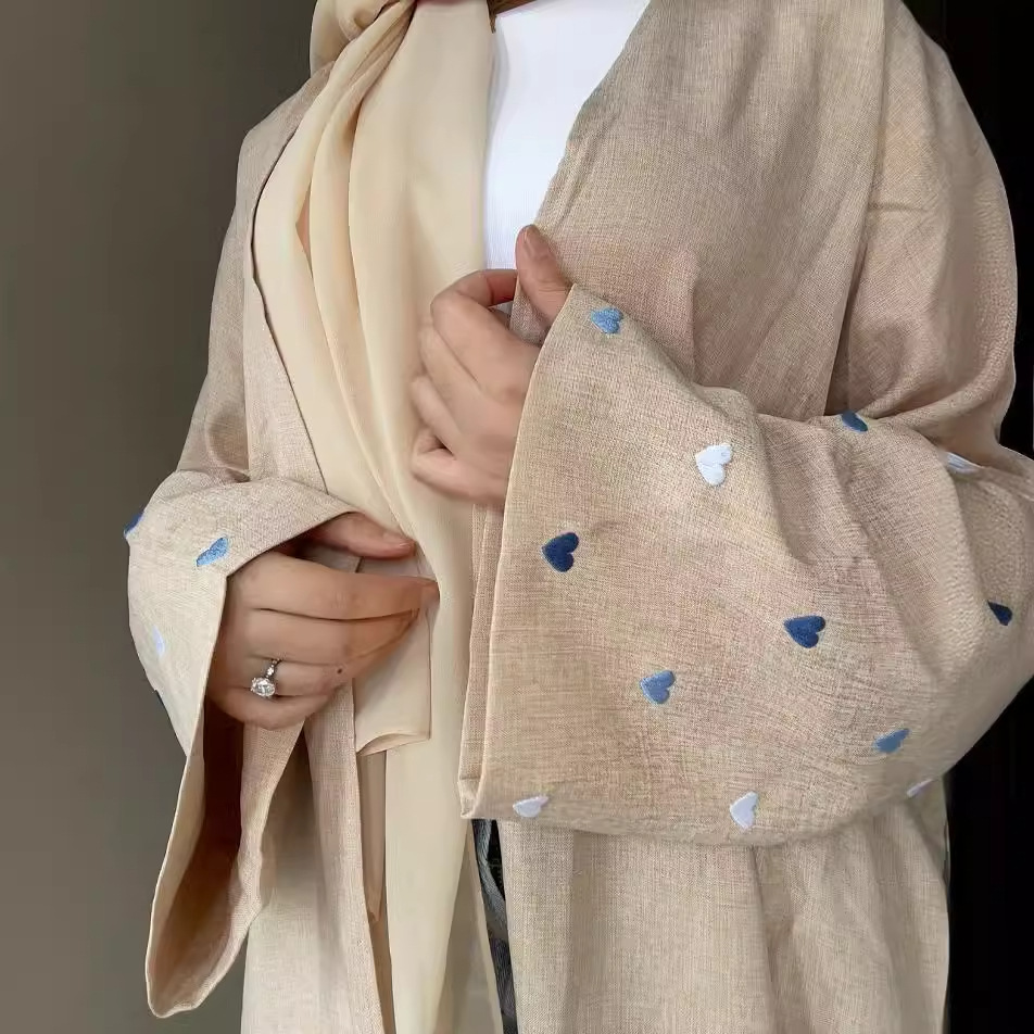 Cross-border Embroidered Ethnic Cardigan open abaya Middle East Dubai Long Sleeve Love Embroidered Linen Ethnic Costume