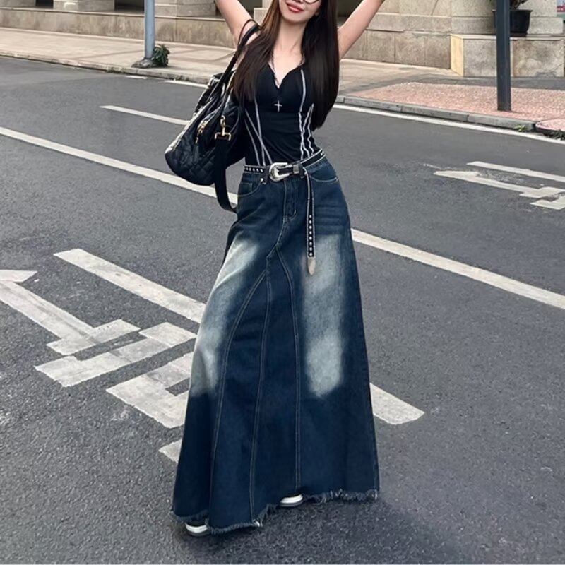 Vintage Washed White Denim Skirt Women's 2024 Summer New Style Lazy Style Irregular Mid-length A- line Skirt