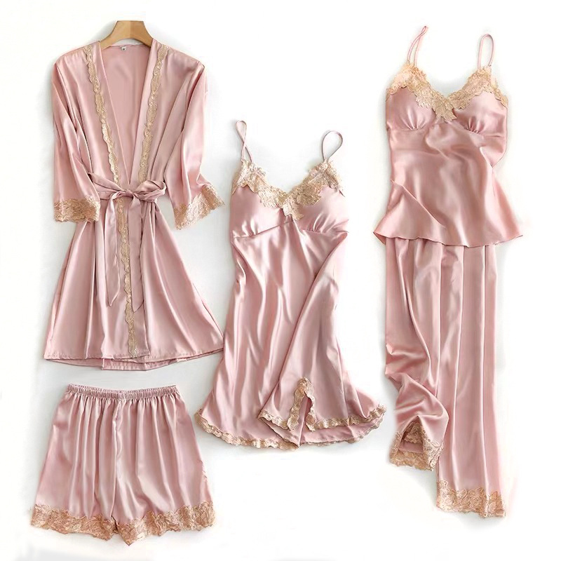 Picture of Spring and Autumn Pajamas Ice Silk Women's Spring and Summer Sexy Pajamas Five-piece Set Satin Nightgown Sling Nightgown with Chest Pad Home Clothes