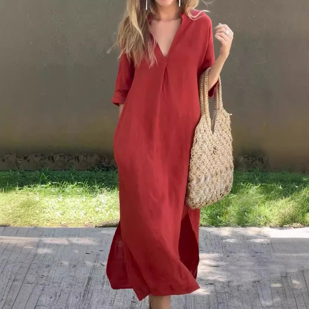 Picture of Amazon independent station cross-border cotton and linen women's summer explosions on both sides of the slit V-neck 7 sleeve chest pleated dress