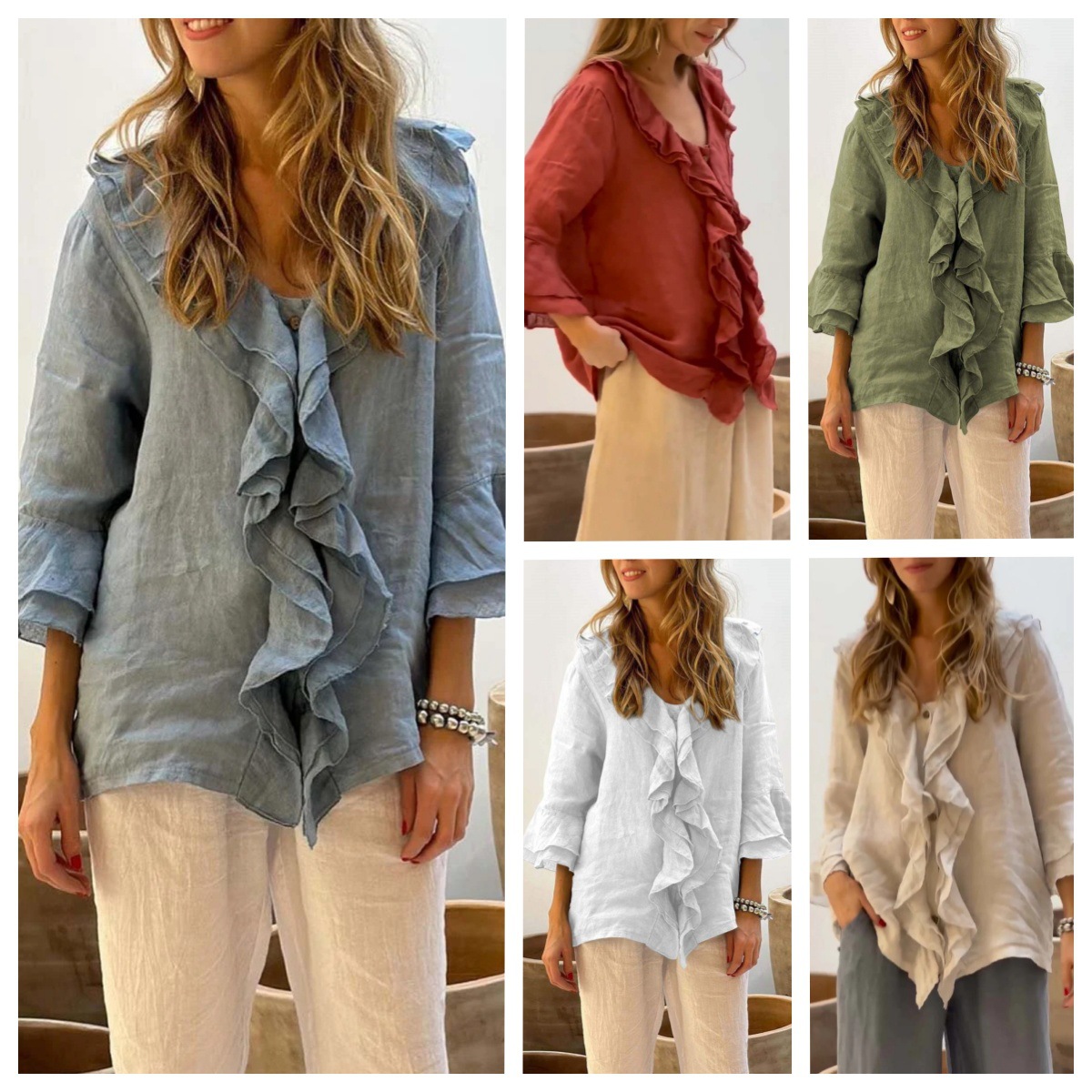 2024 European and American Cross-border Autumn Solid Color V-collar Flying Sleeve Ruffled Single Row Multi-button Cardigan Curved Hem Top