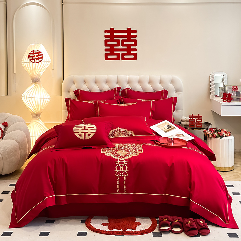 Picture of High-end European-style Wedding Four-piece Cotton Big Red Embroidered Sanding Quilt Cover Wedding Bedding Accompanying Wedding Room