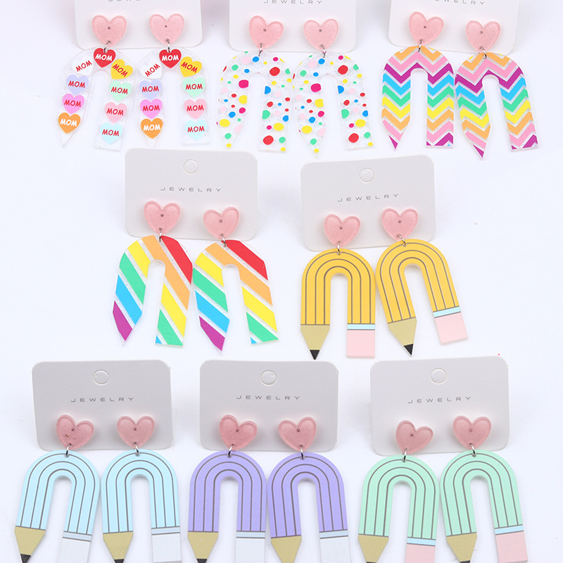 New acrylic printed pencil striped love earrings earrings fashion contrast color personality earrings ear jewelry wholesale