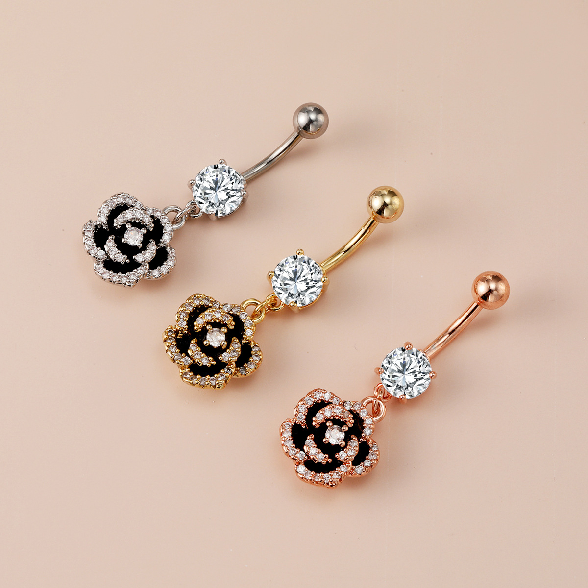 in stock Hot Sale Human Body Piercing Rose Diamond Nail Ring Fashionable Distinctive Nail Camellia Nail Buckle