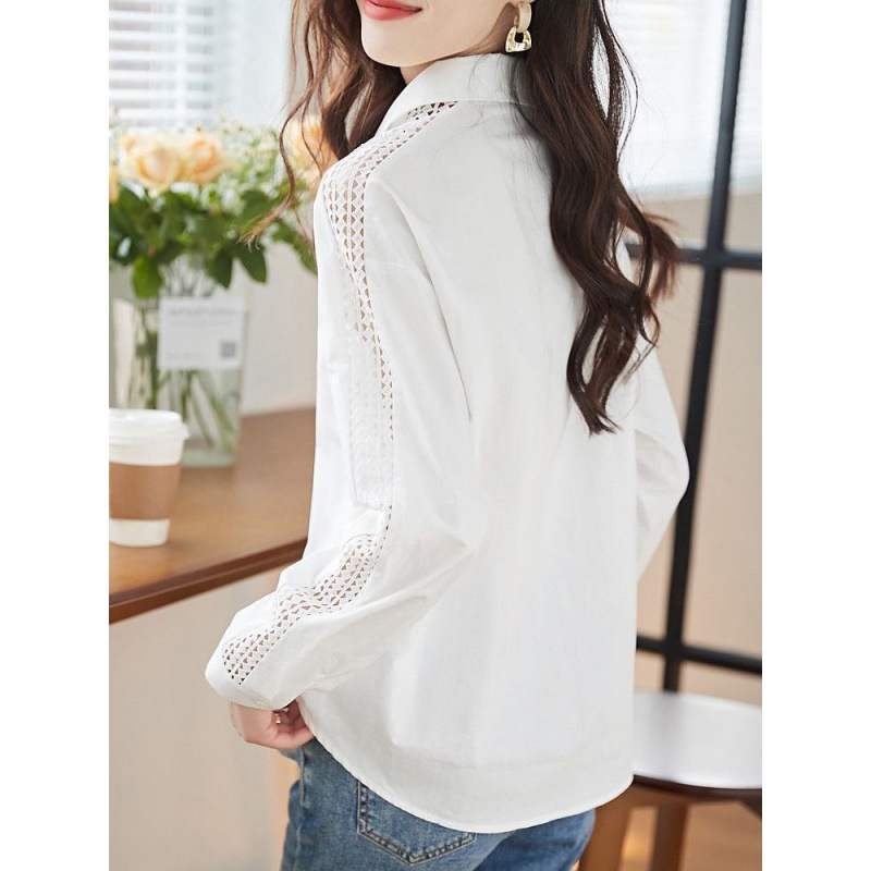 Picture of 2024 New Niche Chic Shirt Spring and Autumn Temperament Shirt Sleeves Hollow Texture Commuting Easiest for Match White Shirt for Women