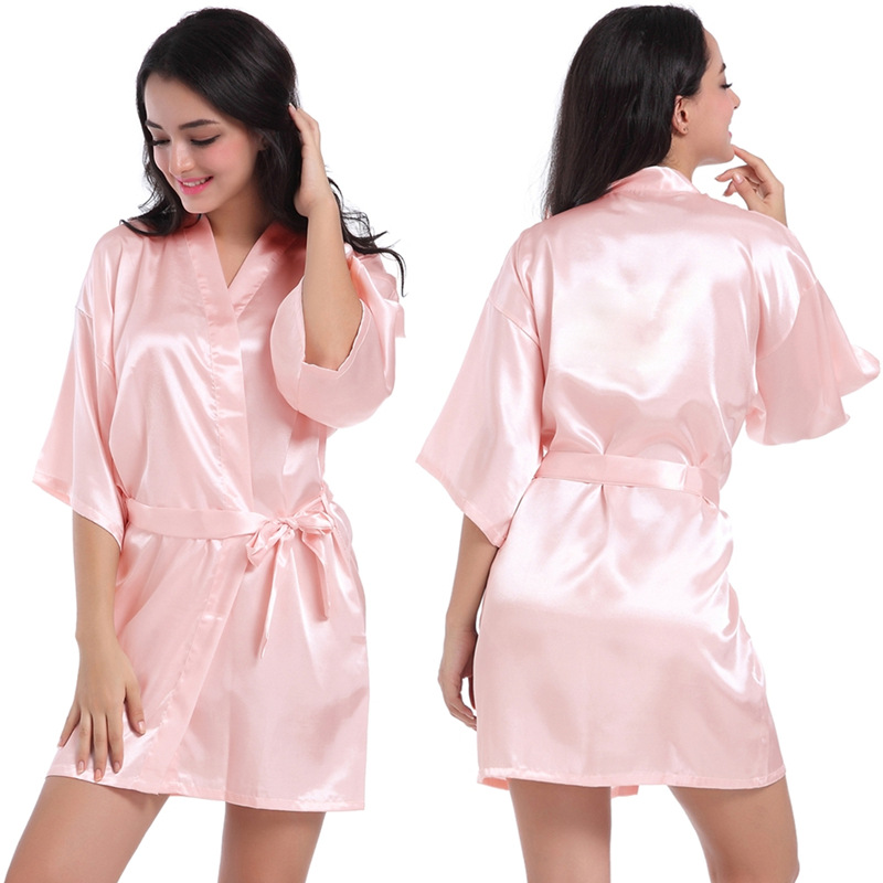 Picture of Amazon Cross-border Women's Twisted Sade Nightgown Bathrobe Solid Color Glow Summer Thin Sexy Short Cardigan Gown