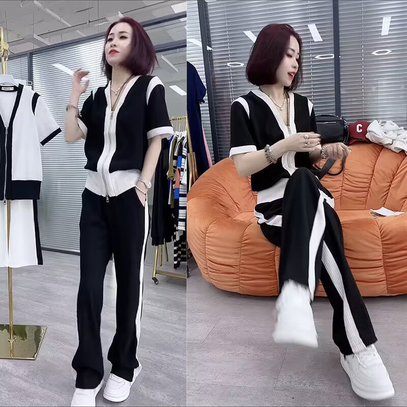 Foreign Trade Internet Celebrant 2023 Summer New Fashion Suit Women's Color-matching Double Zipper Short-sleeved Top Wide-leg Pants Two-piece Set