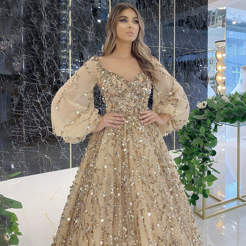 Picture of 2025 Cross-Border New Golden Heavy Industry Beaded Luxury Evening Dress Sexy Socialite Aura Queen Long Dress Dq7109