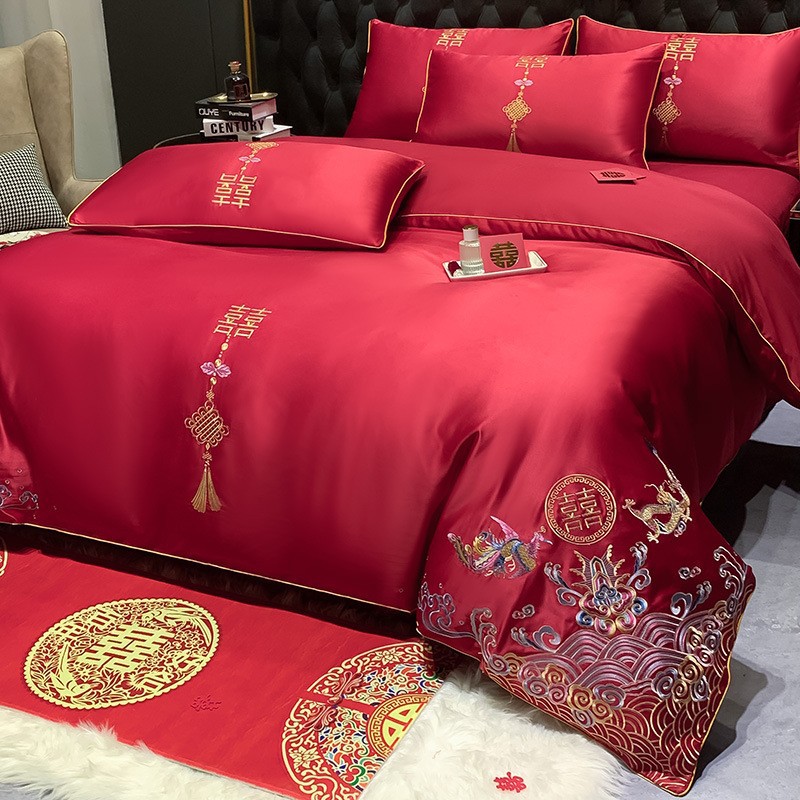 Picture of High-end European-style Wedding Four-piece Cotton Big Red Embroidered Sanding Quilt Cover Wedding Bedding Accompanying Wedding Room