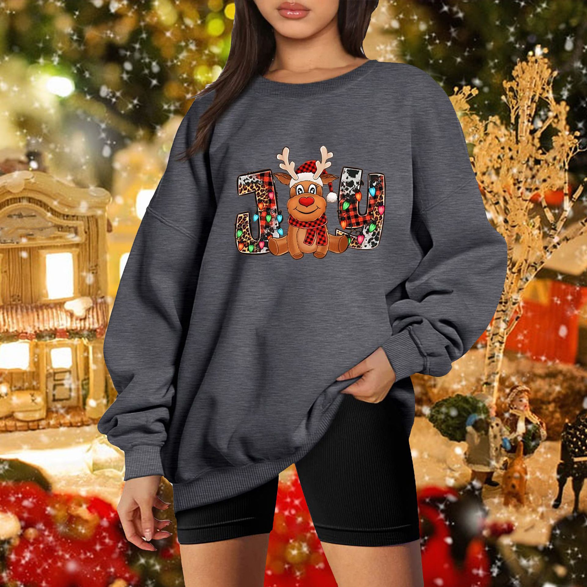Picture of 2022 Christmas new women's Christmas elk print fleece-lined thickened drop shoulder round neck sweater