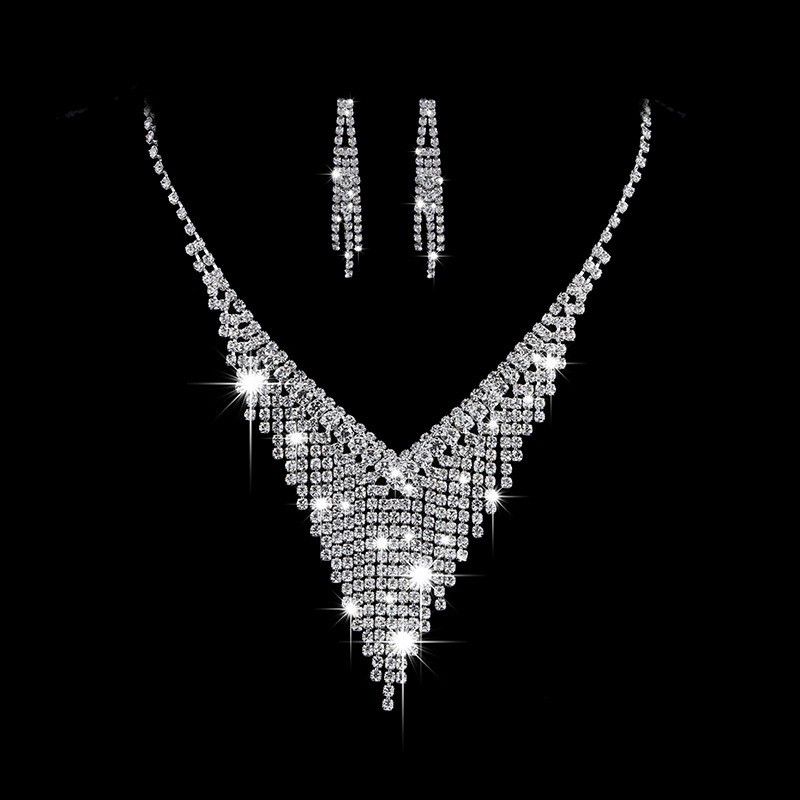 Picture of South Korea Metal Claw Chain Rhinestone Wedding Necklace Bride Necklace Ear Drop Jewelry Banquet Necklace Jewelry suit Wholesale