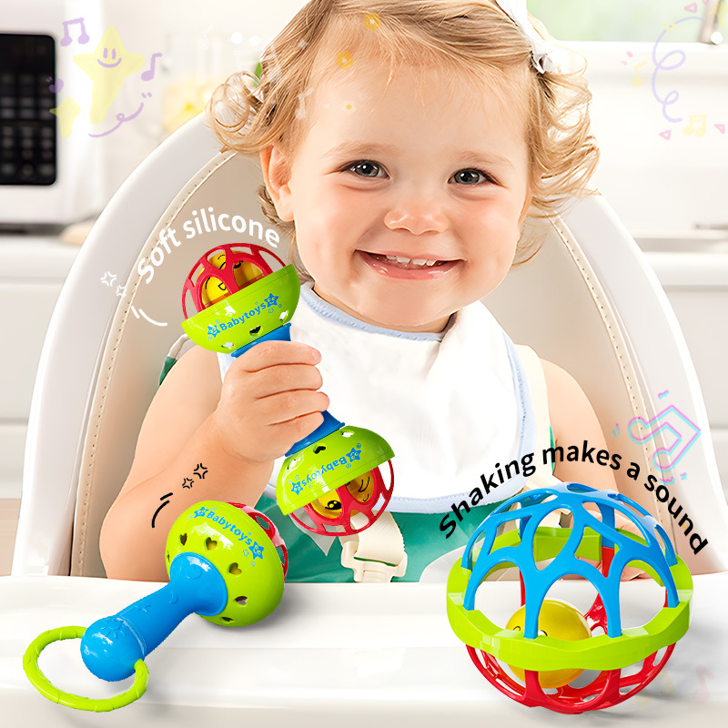 Cross-border hot-selling puzzle soft rubber hand ball baby toy double-headed rattle baby 0-12 months fitness ball gum