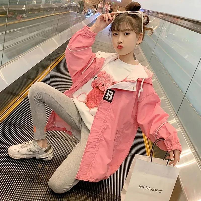 Girls Big Kids Casual Coat 2023 Spring New Style Loose Hooded Coat Big Kids Cardigan Trendy