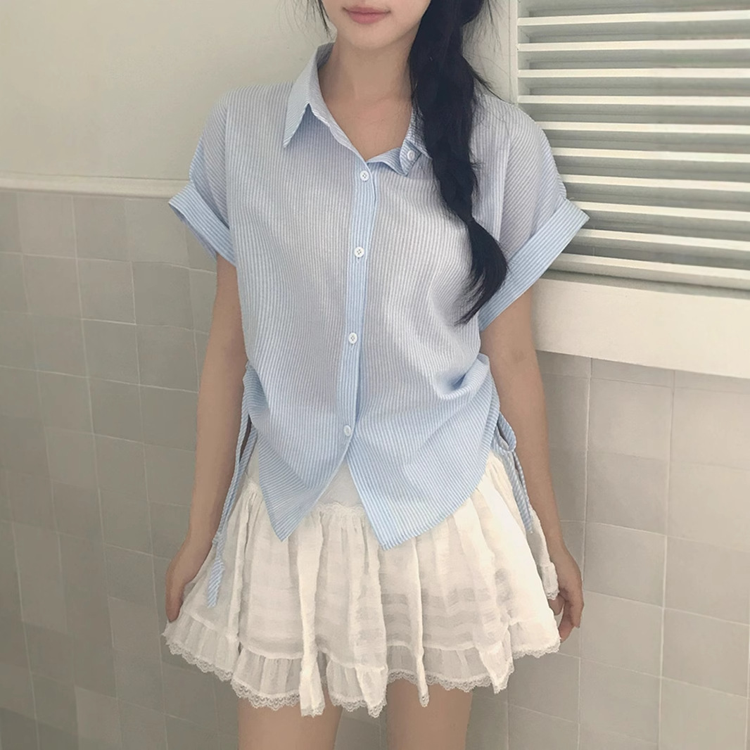 Picture of Chic French Plaid Drawstring Shirt for Women - Slim Fit Waist, Casual Short Sleeve Shirt with Collar