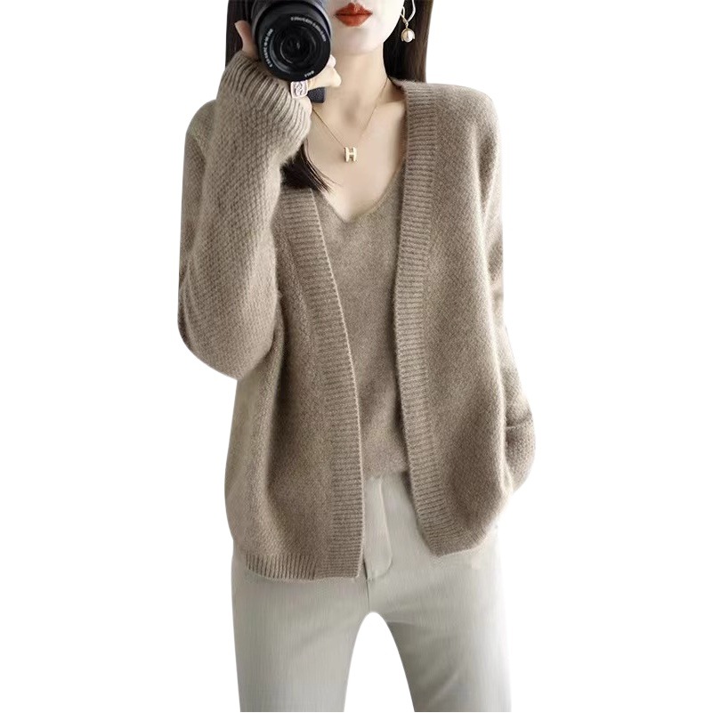 Khaki lazy style V-neck soft glutinous knitted cardigan autumn and winter outer sweater coat women's loose short top