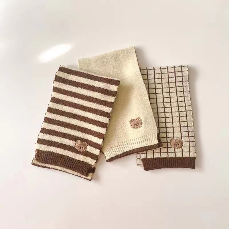 Children's Woolen Scarf Korean Style Color-Blocked Stripesd Knitted Embroidered Korean Bear Cute Woolen Scarf for Boys and Girls