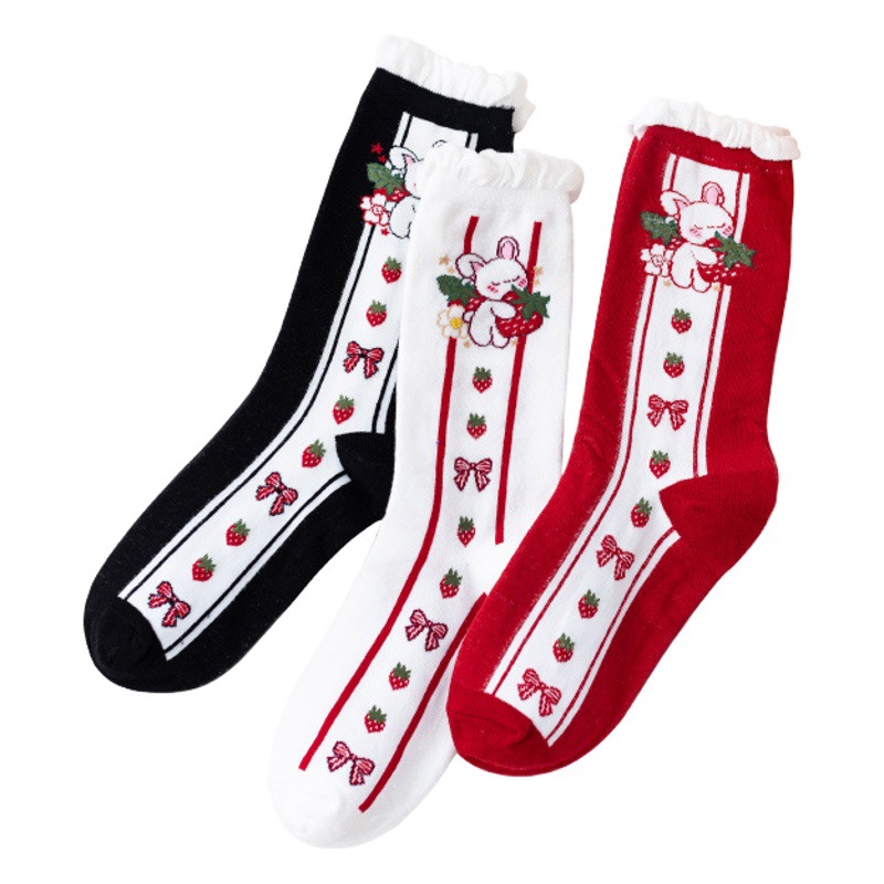 jk socks women's tube socks strawberry rabbit thin leg high tube calf uniform socks cotton socks black lace long tube pile