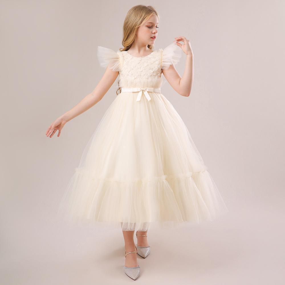 2024 Amazon Girls Dress Princess Dress Mesh Sleeve Children's Dress Dress Host Long Wedding Dress