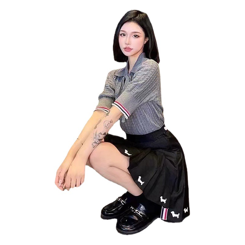 Tb22 New Summer Puppy Embroidered Pleated Skirt Casual, Fashionable and Comfortable Short Front and Long Back Skirt Slimming Look