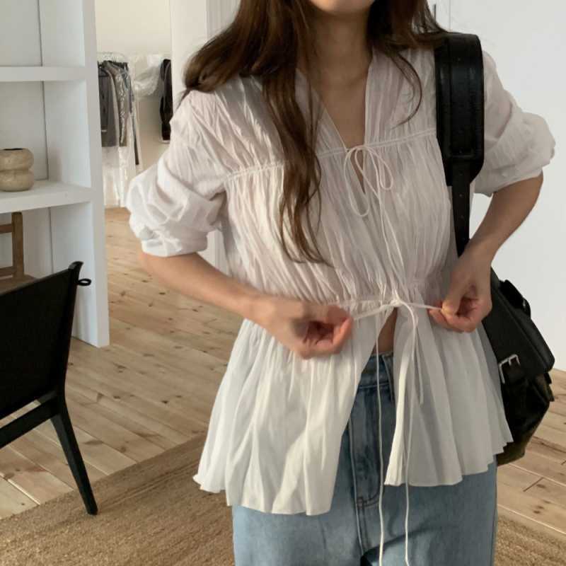 Picture of Korean Niche Lace-Up Drawstring Waist Design V Neck Versatile Long-Sleeved Shirt Top