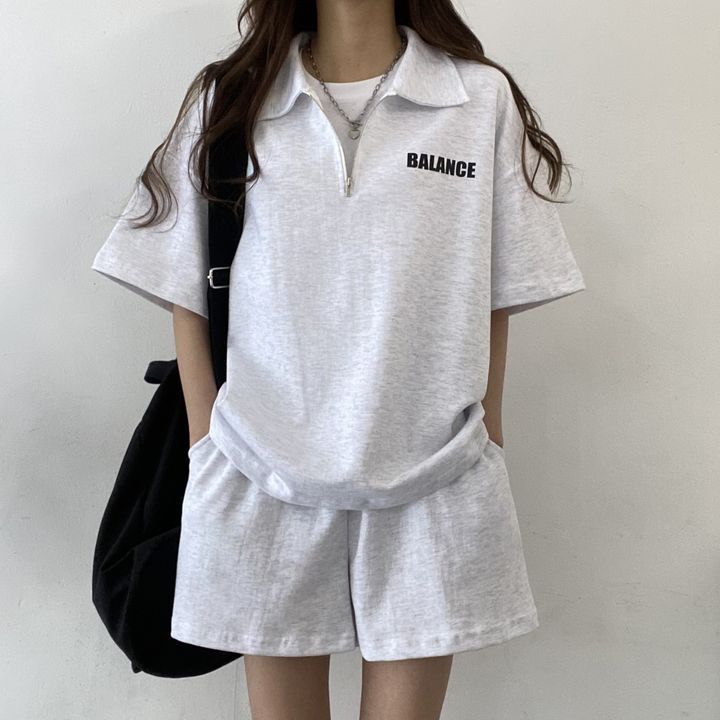 Picture of 4 Color High-end Cotton Zipper Set Two-piece Women's Short-sleeved Shorts Sportswear Solid Color Loose Summer Fashion Casual