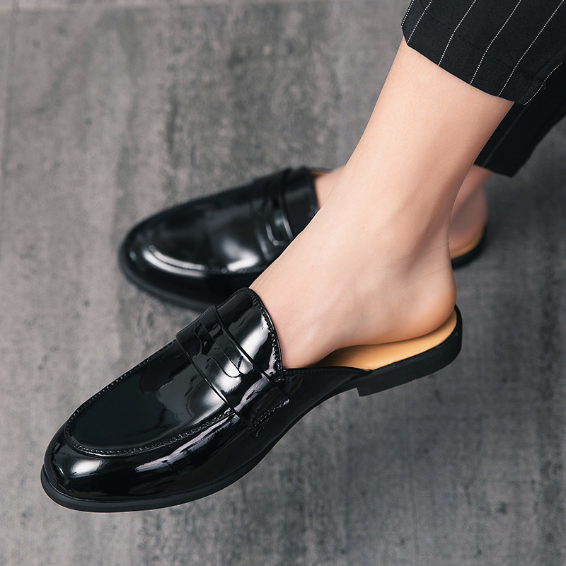2024 Summer New Men's Business Casual Leather Shoes Korean Style Trendy All-match Half Slippers Breathable Trendy Men's Shoes plus size
