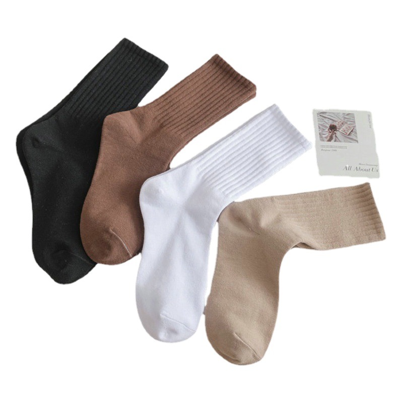 Lefu Shoes and Socks Women's Spring and Autumn Mid-Barrel Solid Color Socks Long Barrel Mary Jane Small Leather Shoes Stacked Socks Women's Stockings