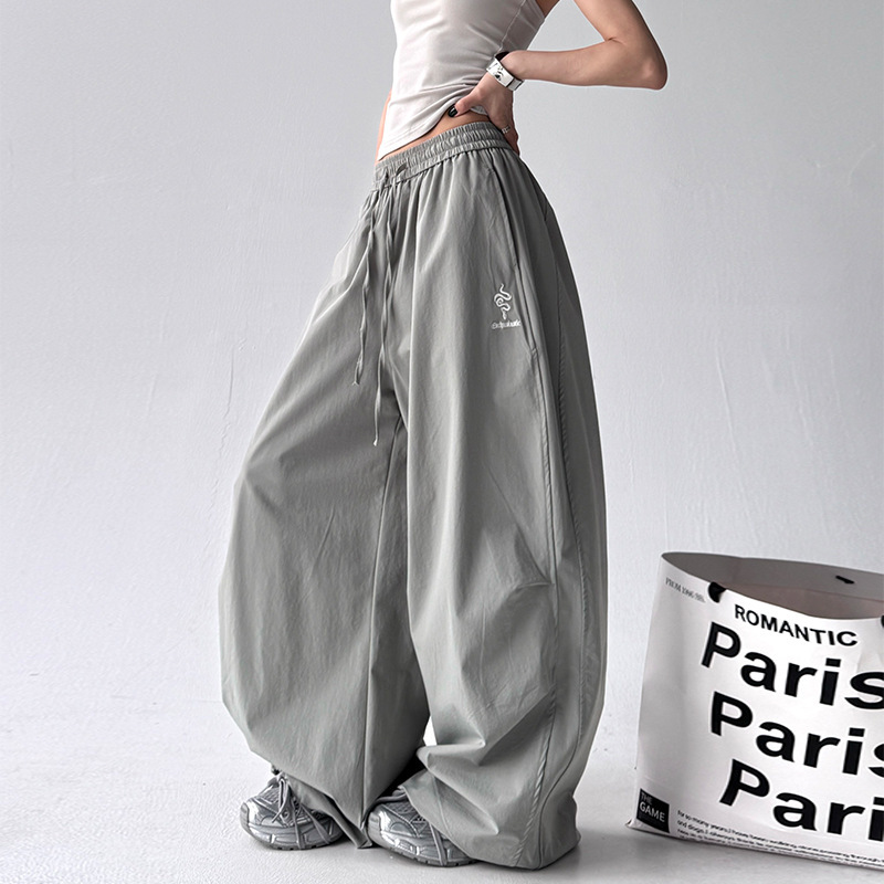 American sweatpants for women, loose lazy style, drawstring wide-leg pants, jazz dance K-pop utility wear, floor-length curved pants