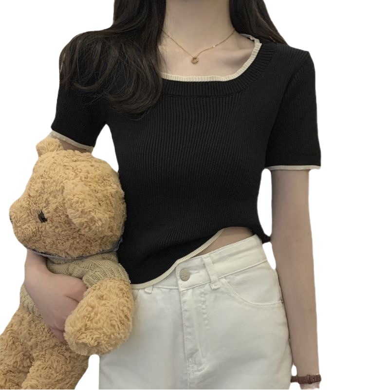 Square Collar Shoulder Short-Sleeved T-Shirt Women's Summer French Color Contrast Sweet Short Slim-Fit Chic Knitted Base-Layer Shirt Top