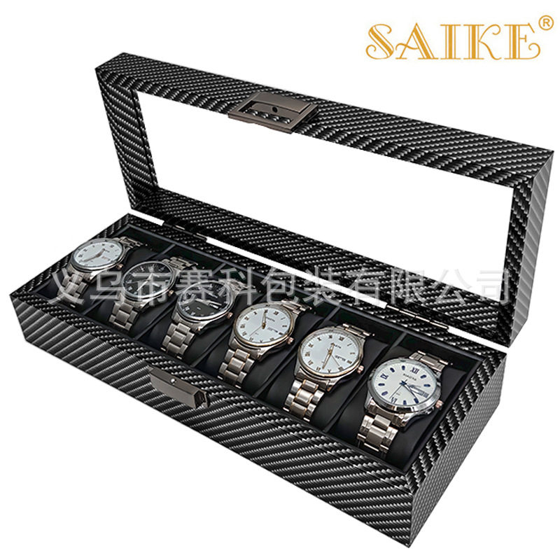 Picture of Spot Wholesale Carbon Fiber Pattern Wooden 6-Bit Watch Storage Display Box 6-Pack Watch Collection Display Box Factory