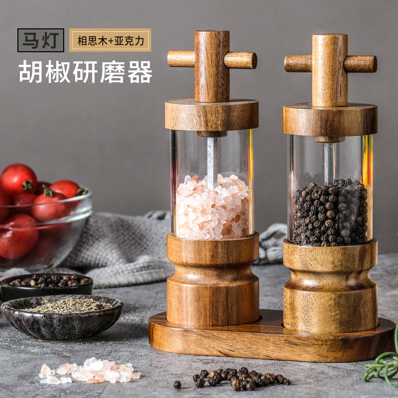 Acacia wood manual black pepper grinder transparent acrylic pepper jar adjustable thickness pepper seasoning bottle