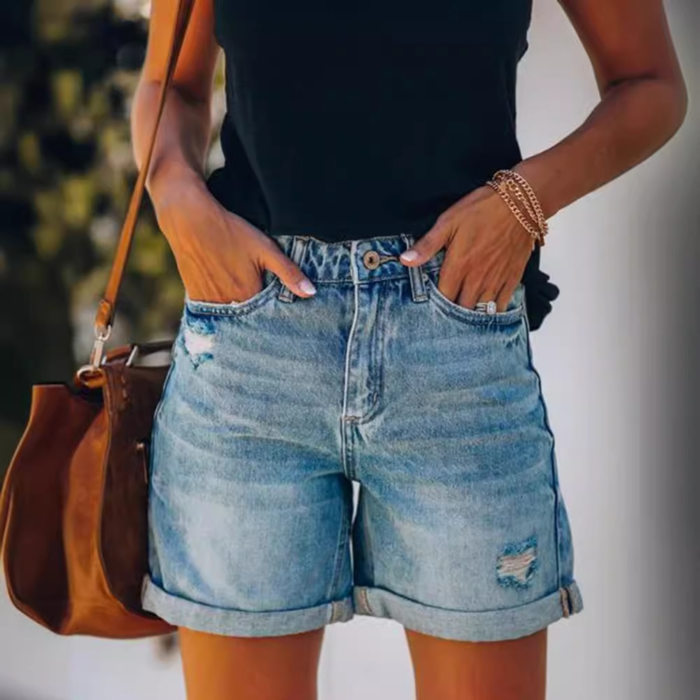Picture of 2025 Summer Ebay Amazon Wish Street Curled Ripped Straight Pants Women's Denim Shorts Export Trendy Brand