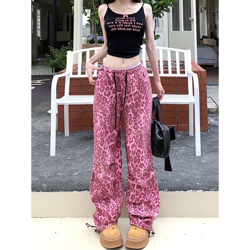American Retro High Street Style Pink Leopard Print Hip Hop Wide Leg Pants Women's Jazz Dance Spring and Autumn American Street Work Pants Trendy